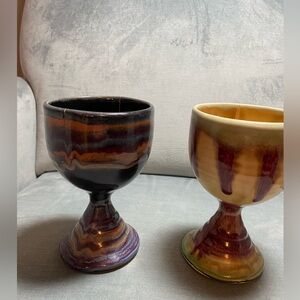 Colorful Ceramic Goblets handcrafted, signed, drip glaze designs,slight cracks
